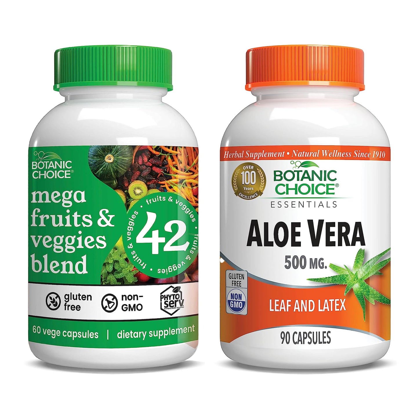 Botanic Choice Mega Fruits and Veggies Blend + Aloe Vera Bundle Capsules, 2-Pack