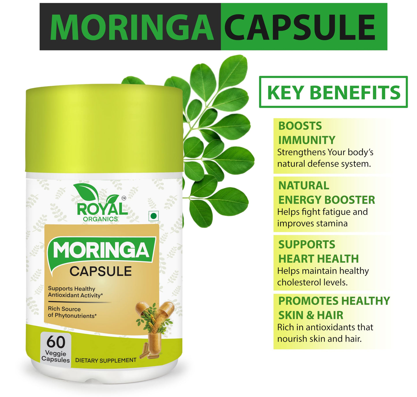 Royal Organics Moringa Capsule Supplement, 10:1 Extract, 500 mg, 60 Veggie Capsules