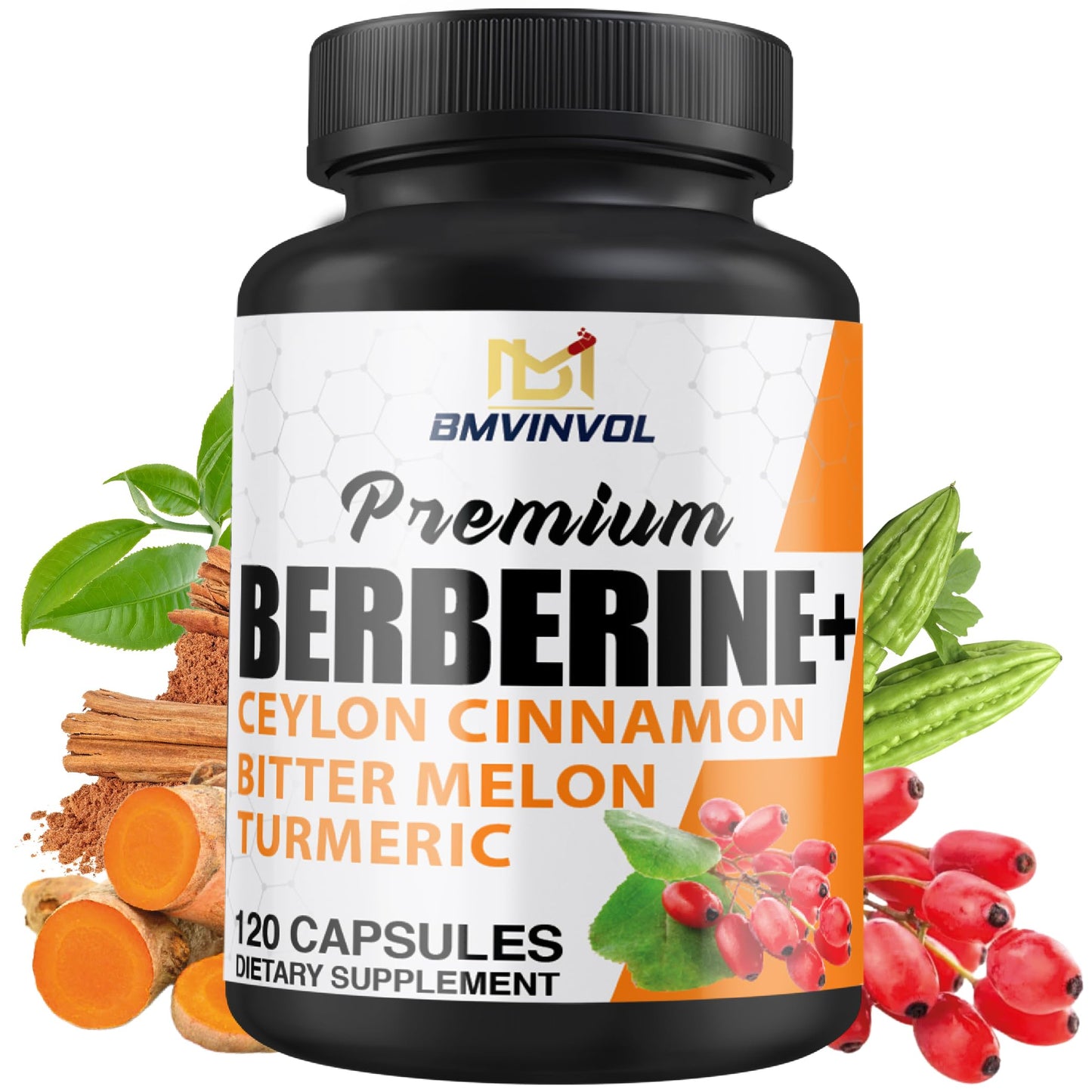 BMVINVOL Berberine HCl Supplement, Ceylon Cinnamon and Turmeric, Green Tea and Bitter Melon, 120 Capsules
