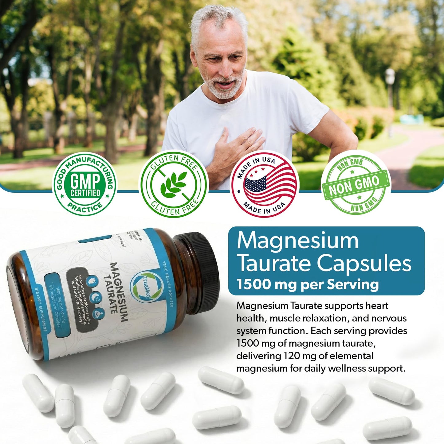 TRUEMED Magnesium Taurate 1500mg Capsules, 90 Count