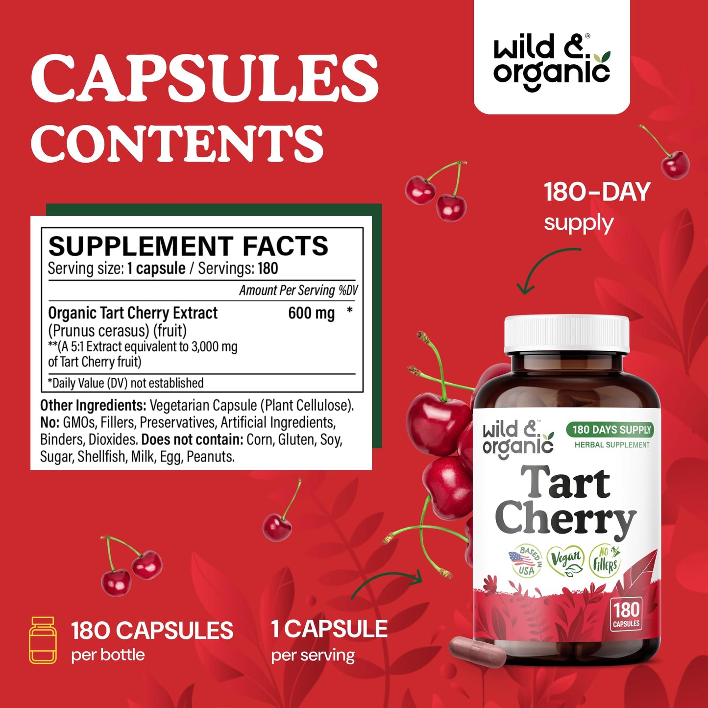 Wild & Organic Tart Cherry Extract 600 mg Capsules, 180 Count