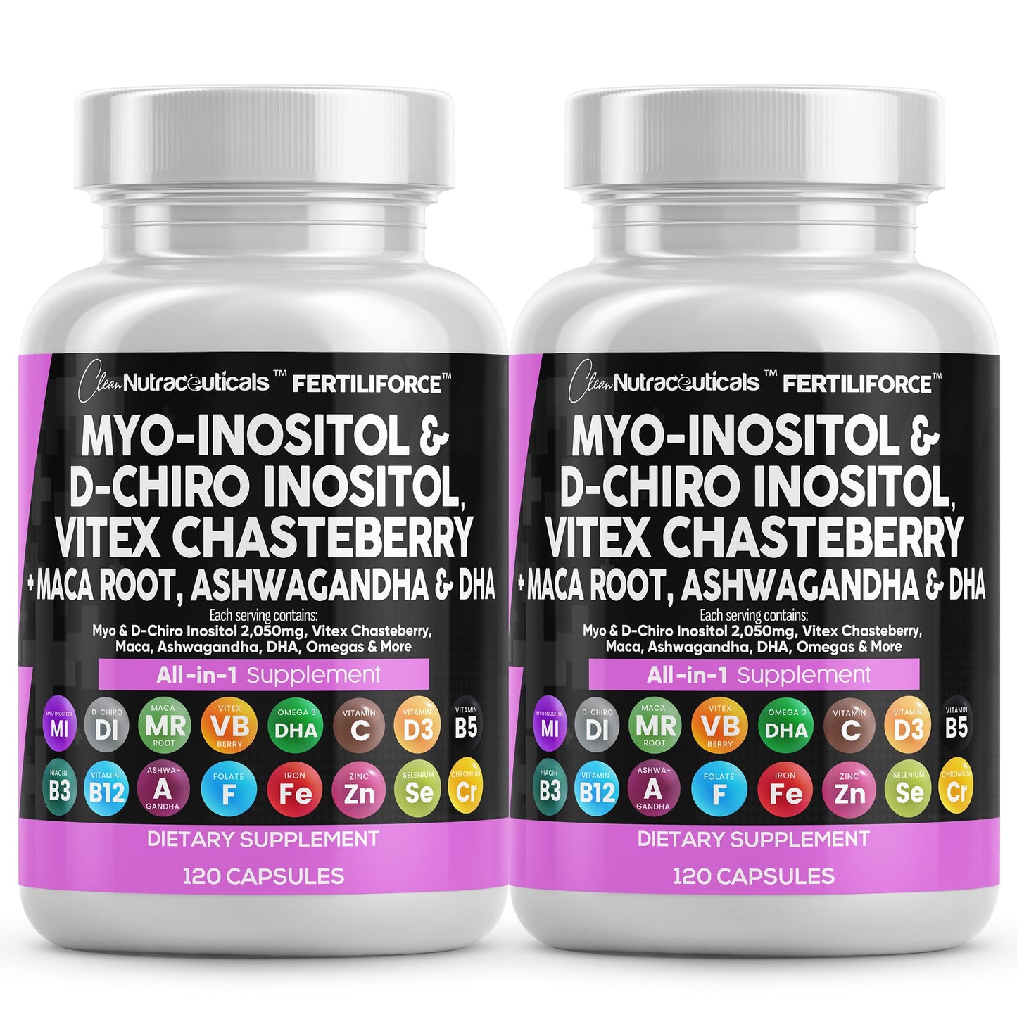 Clean Nutraceuticals Myo-Inositol & D-Chiro Inositol 2050mg Fertility Supplement 40:1 Ratio - Prenatal Vitamins for Women with Ashwagandha Maca Root Vitex Chasteberry Iron DHA Folic Acid DIM Zinc, Capsules, 120 Count
