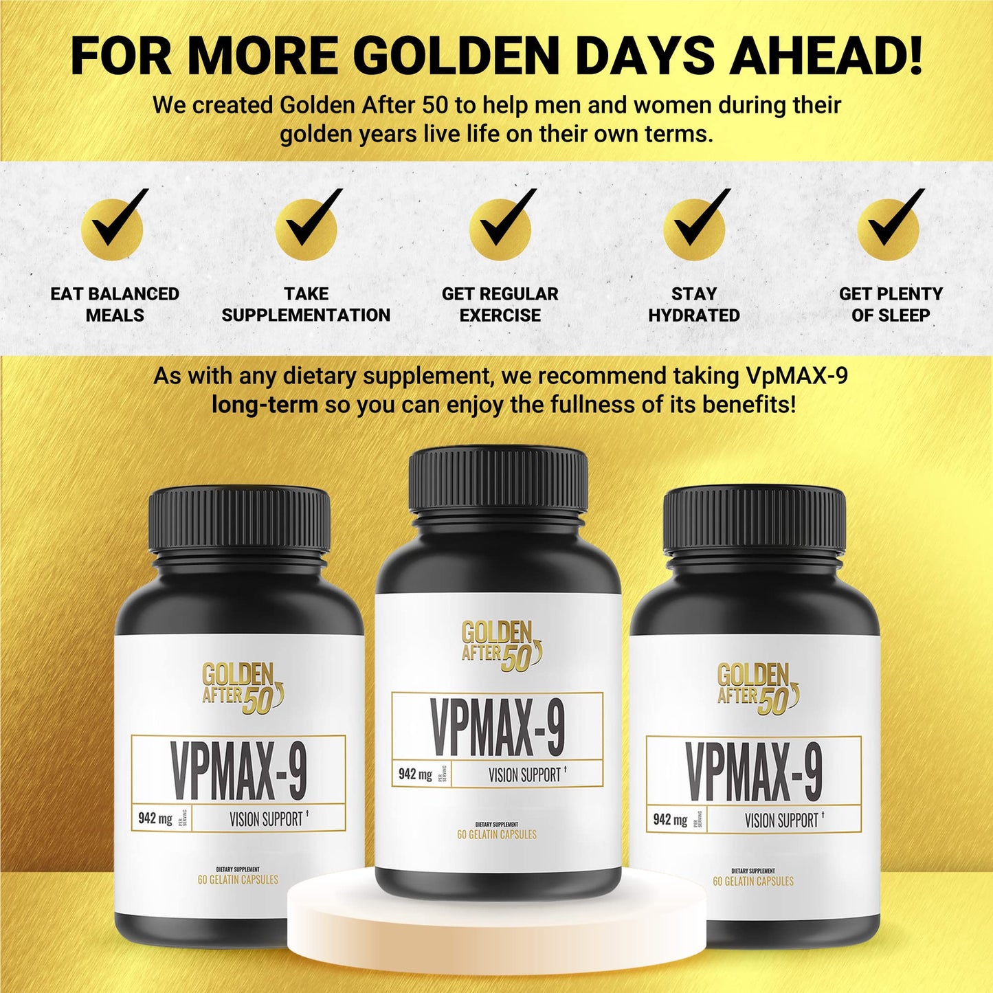 Golden After 50 VpMax-9 Sight Care and Antioxidant Supplement with Eye Vitamins, Lutein, Lycopene and Bilberry Extract, Capsule, 6 Bottles