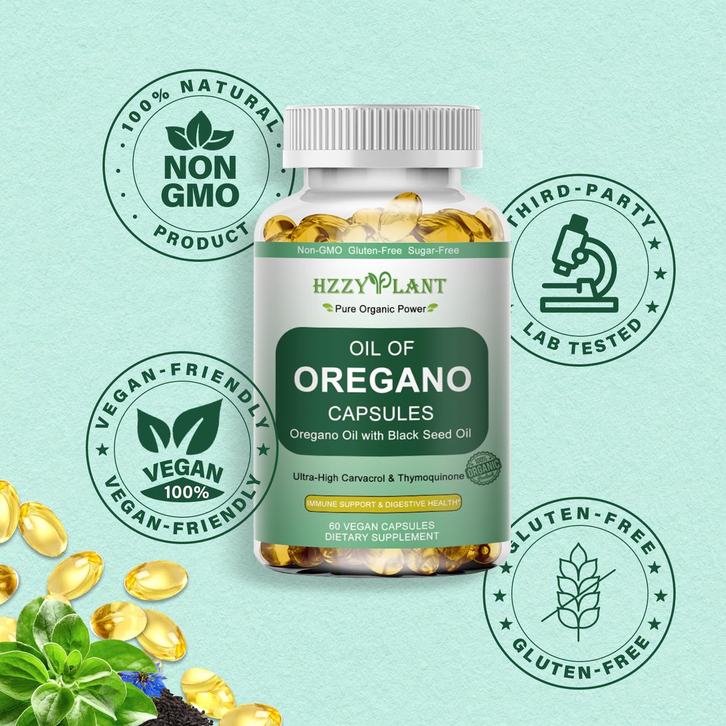 HZZYPLANT Oil of Oregano with Black Seed Oil Softgels, 60 Count