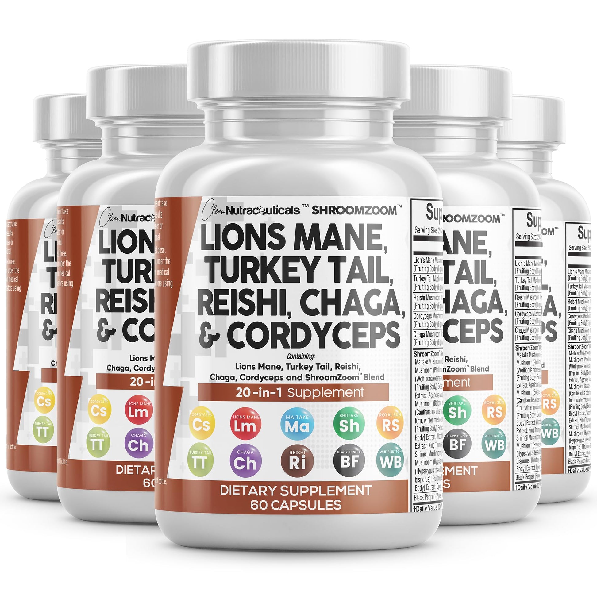 Clean Nutraceuticals Lions Mane 20in1 Mushroom Supplement with Turkey Tail Reishi Cordyceps Chaga Maitake Meshima Poria Cocos Shiitake Oyster Porcini Enoki Capsules, 60 Count