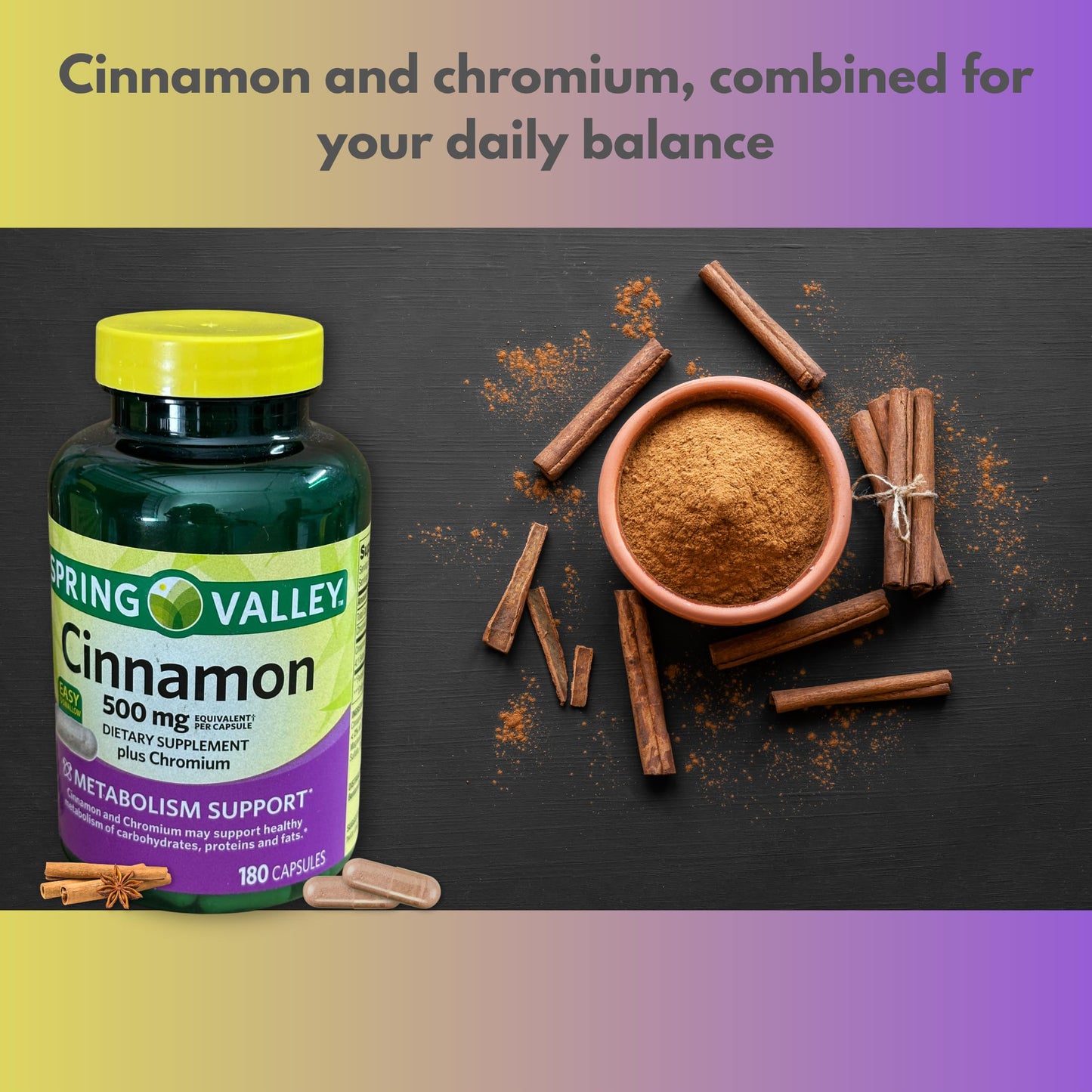 FUSION SHOP STORE Cinnamon 500mg Plus Chromium Capsules, 180 Capsules