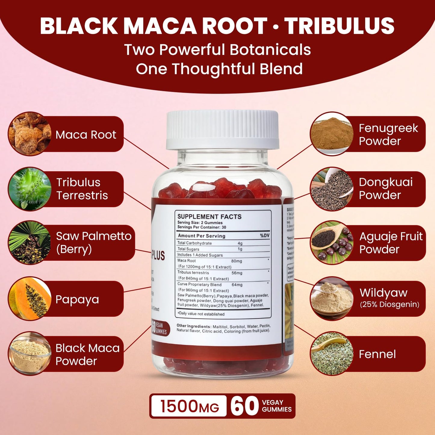 Wins Town Maca Plus Gummies Black Maca Root & Tribulus Gummy, 60 Count