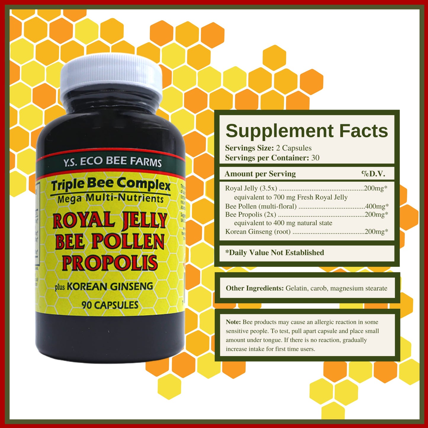 Worldwide Nutrition Triple Bee Complex Royal Jelly, Bee Pollen & Propolis with Korean Ginseng Capsule 90 Count