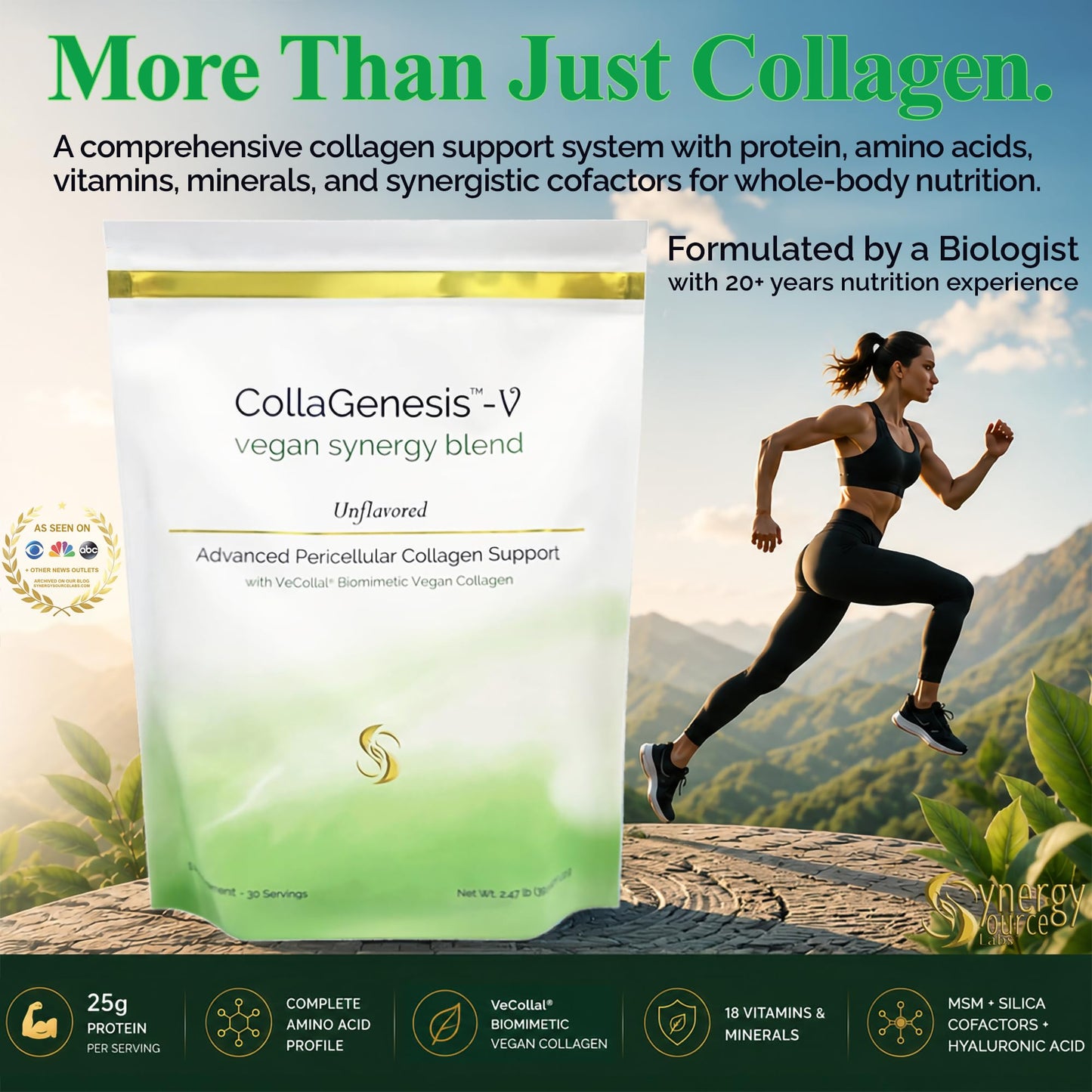 CollaGenesis V Vegan Collagen Support Whole-Body System Biomimetic Vegan Collagen, 25g Protein, MSM & Hyaluronic Acid, Complete Amino Acid Profile, 18 Vitamins & Minerals – Unflavored Powder, 39.5 oz