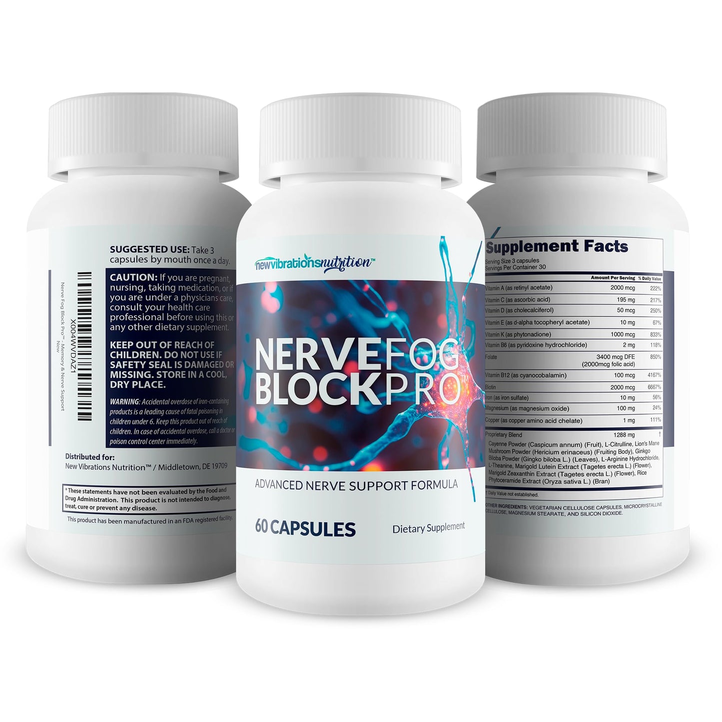 New Vibrations Nutrition Nerve Fog Block Pro Neuropathy Relief Capsule 90 Count