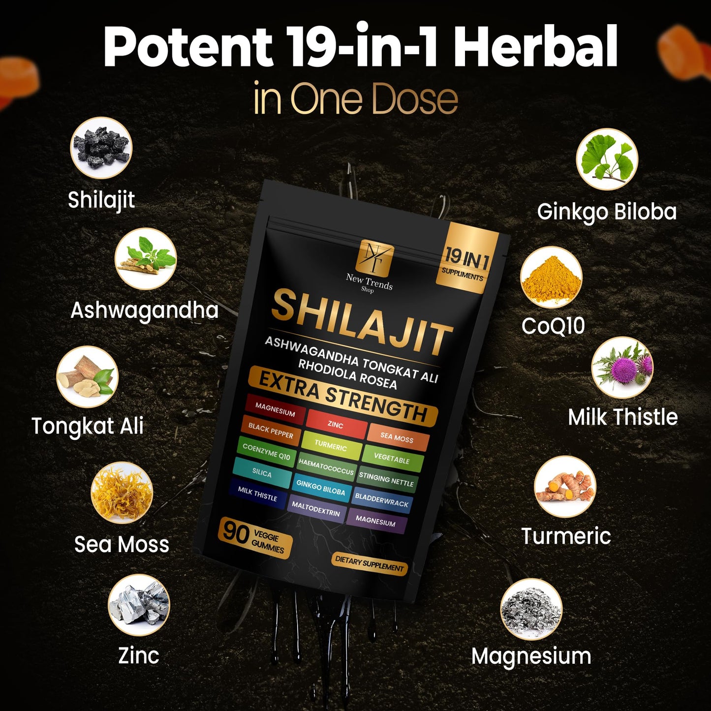 New Trends Shop Shilajit Gummies 19 in 1 with Sea Moss, Ashwagandha, Tongkat Ali, Pure Himalayan Organic Fulvic Acid - 90 Count