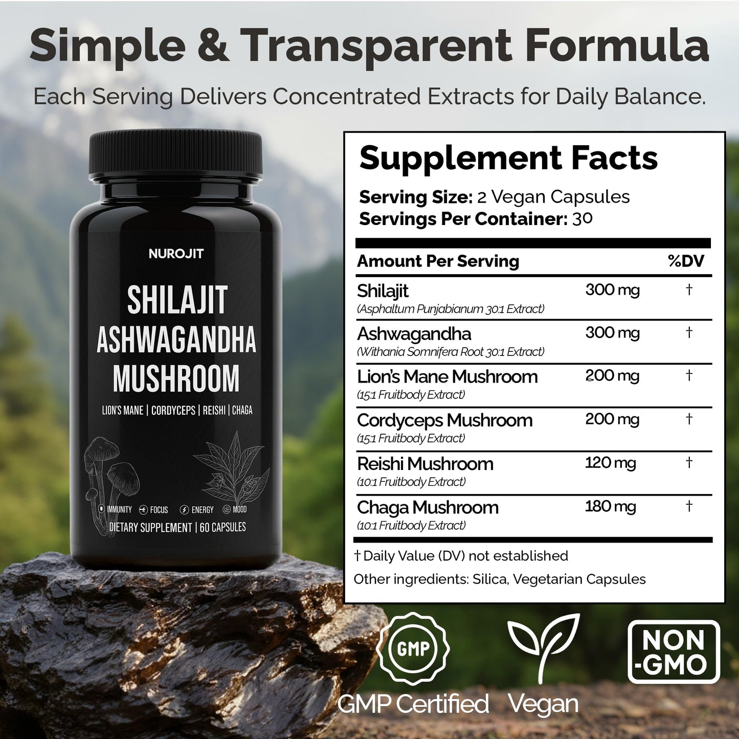 NuroJit Shilajit Ashwagandha Mushroom Capsules, 60 Count