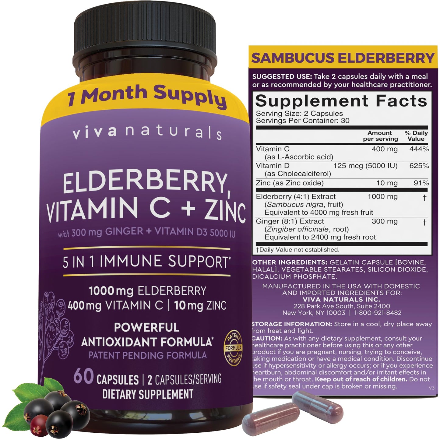 Viva Naturals Black Elderberry 1000mg with Vitamin C, D3 5000 IU & Zinc - 5-in-1 Immune Support Sambucus Elderberry Capsules with Ginger, 60 Capsules