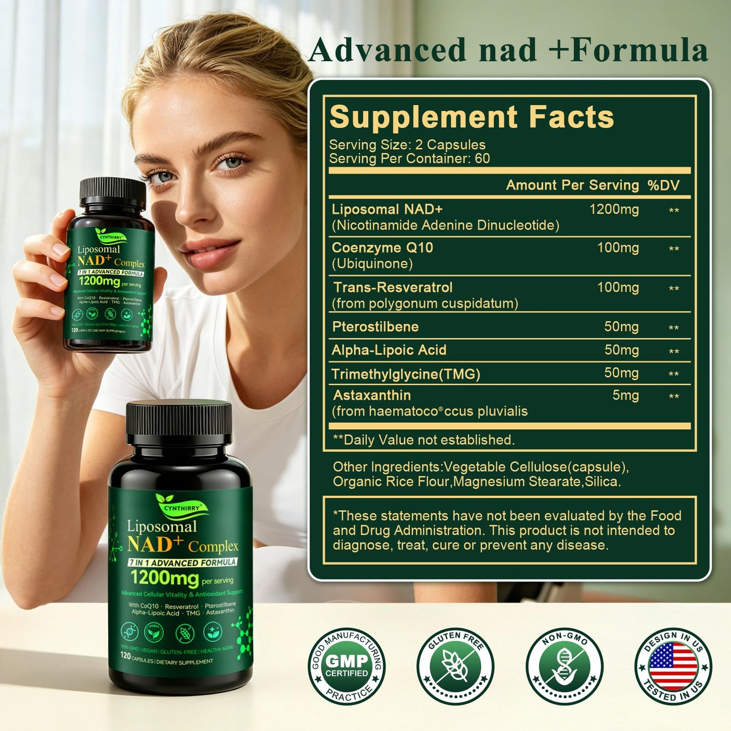 Cynthirry NAD+ Supplement with Resveratrol Capsules 120 Count