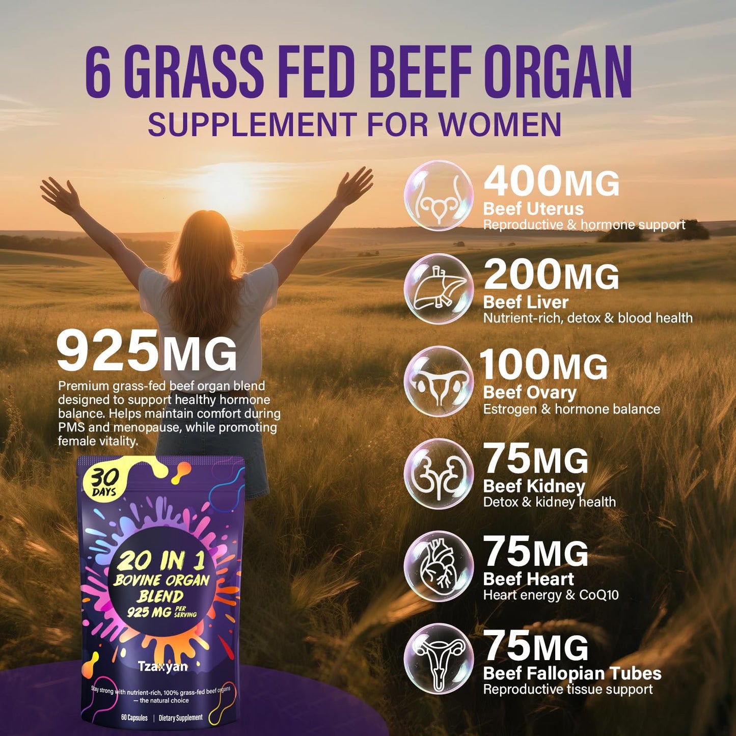 tzaxyan 20-In-1 Beef Organ Supplement for Women Capsule, 60 Count