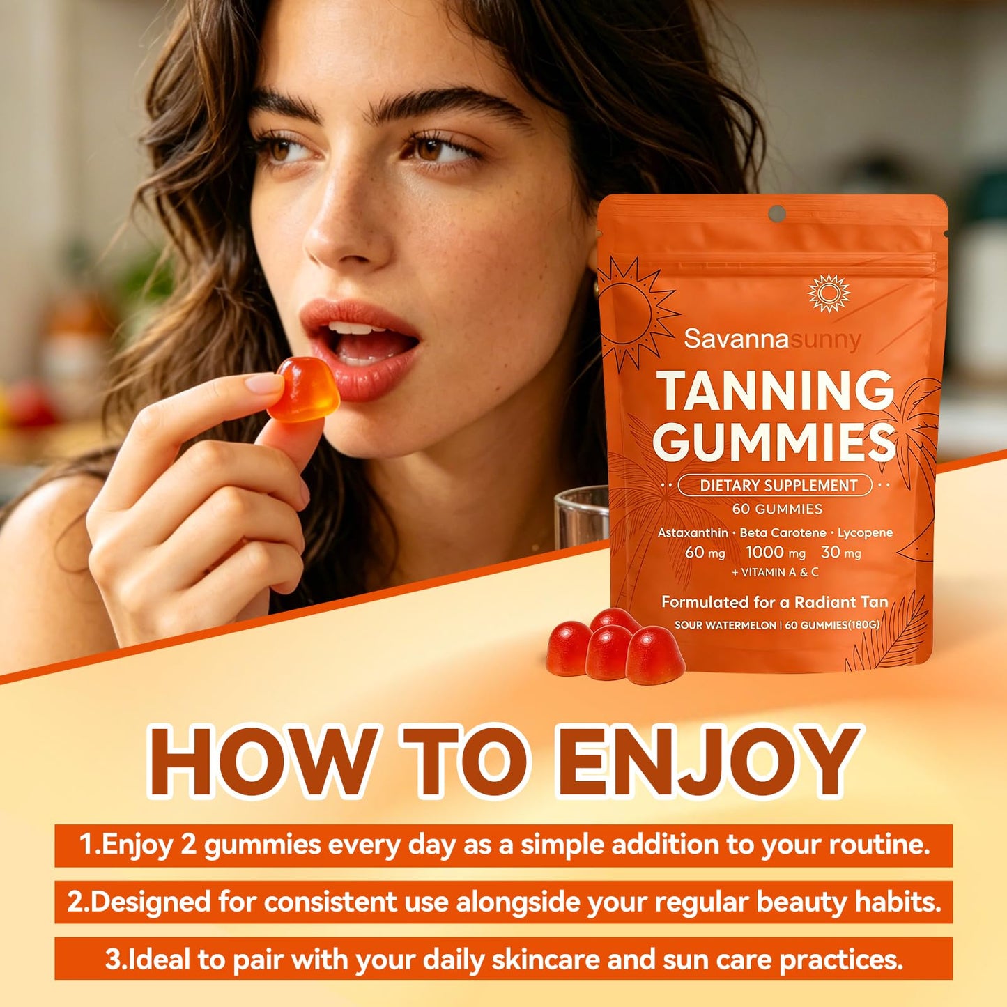 VITAL POWER Tanning Gummies for Women Beta-Carotene Astaxanthin Vitamin C&E Vegan Powder 6.34 Ounce