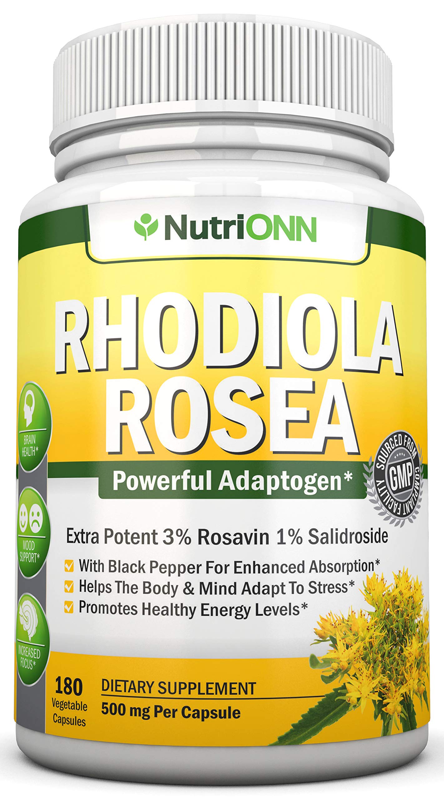 NutriONN Rhodiola Rosea 500mg Capsules 180 Count