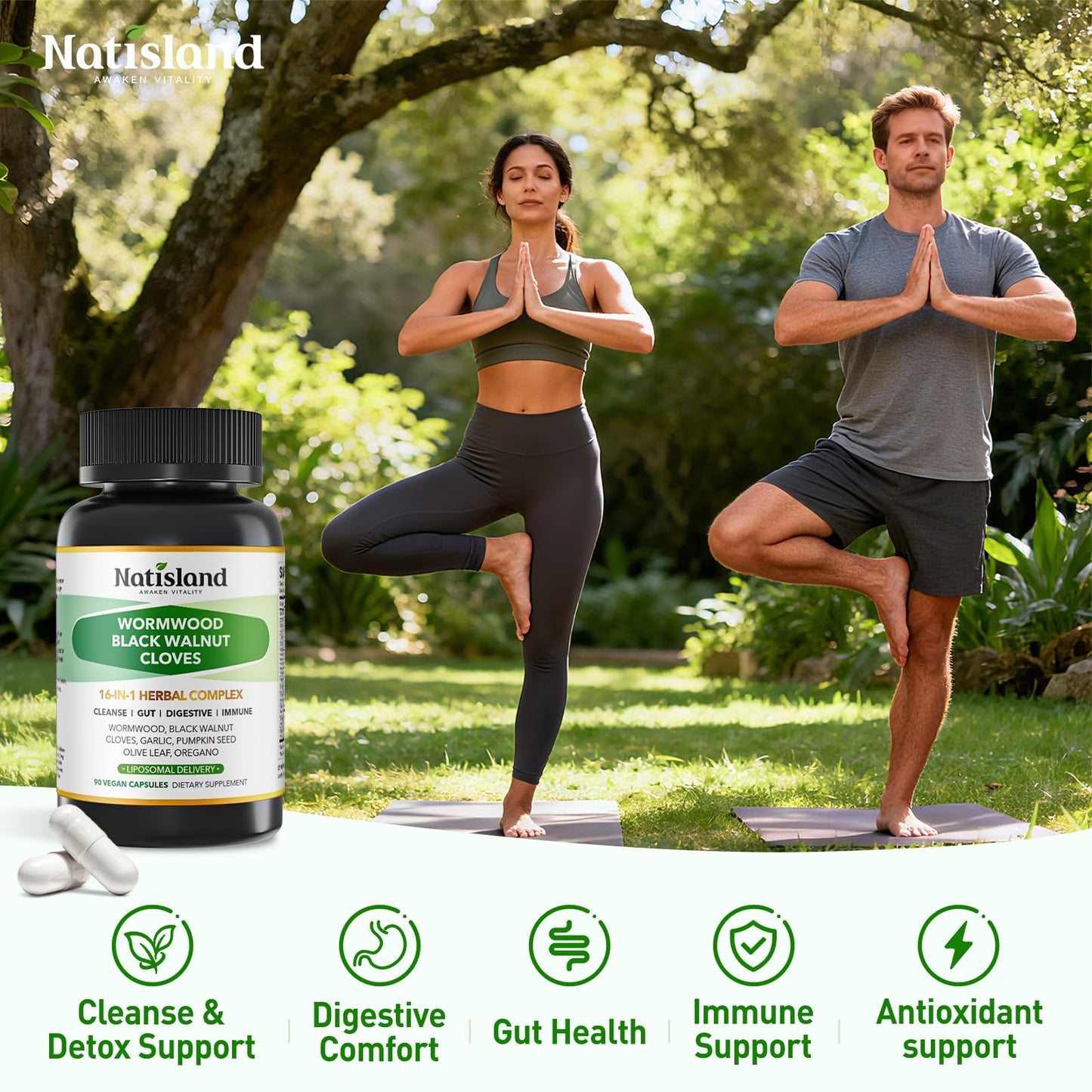 NATISLAND Liposomal Black Walnut Wormwood Clove Cleanse for Humans Lymphatic Support with Garlic Soursop Olive Leaf Pumpkin Seed Turmeric Black Pepper Capsule, 90 Count