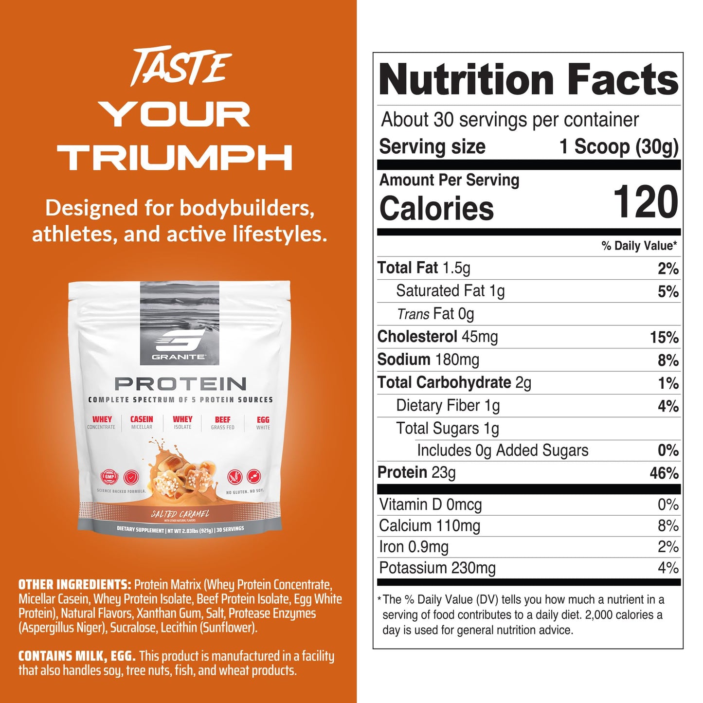 Granite Supplements Granite Nutrition Protein Powder - Premium 5-Source Blend (Whey, Casein, Egg, Grass-Fed Beef) Salted Caramel Flavor, 30 Servings