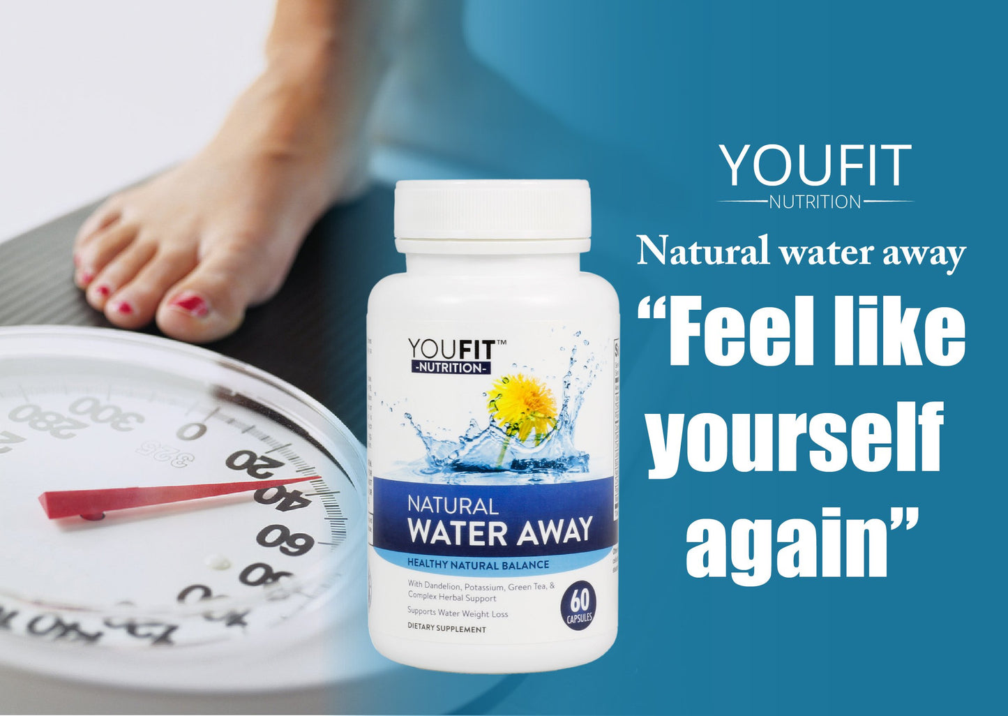 YouFit Nutrition Water Pills for Bloating & Fluid Balance, Natural Herbal Diuretic with Dandelion, Green Tea & Potassium, 60 Capsules