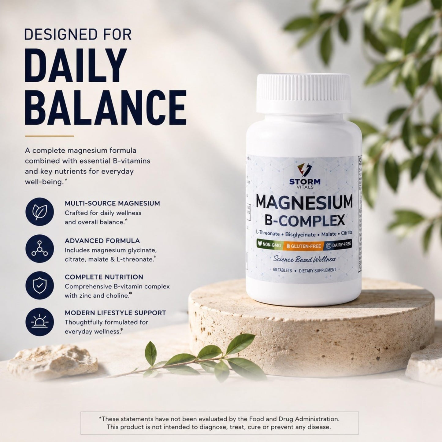 STORM VITALS Magnesium + B-Complex with Choline & Zinc Time Release Tablets, 120 Count