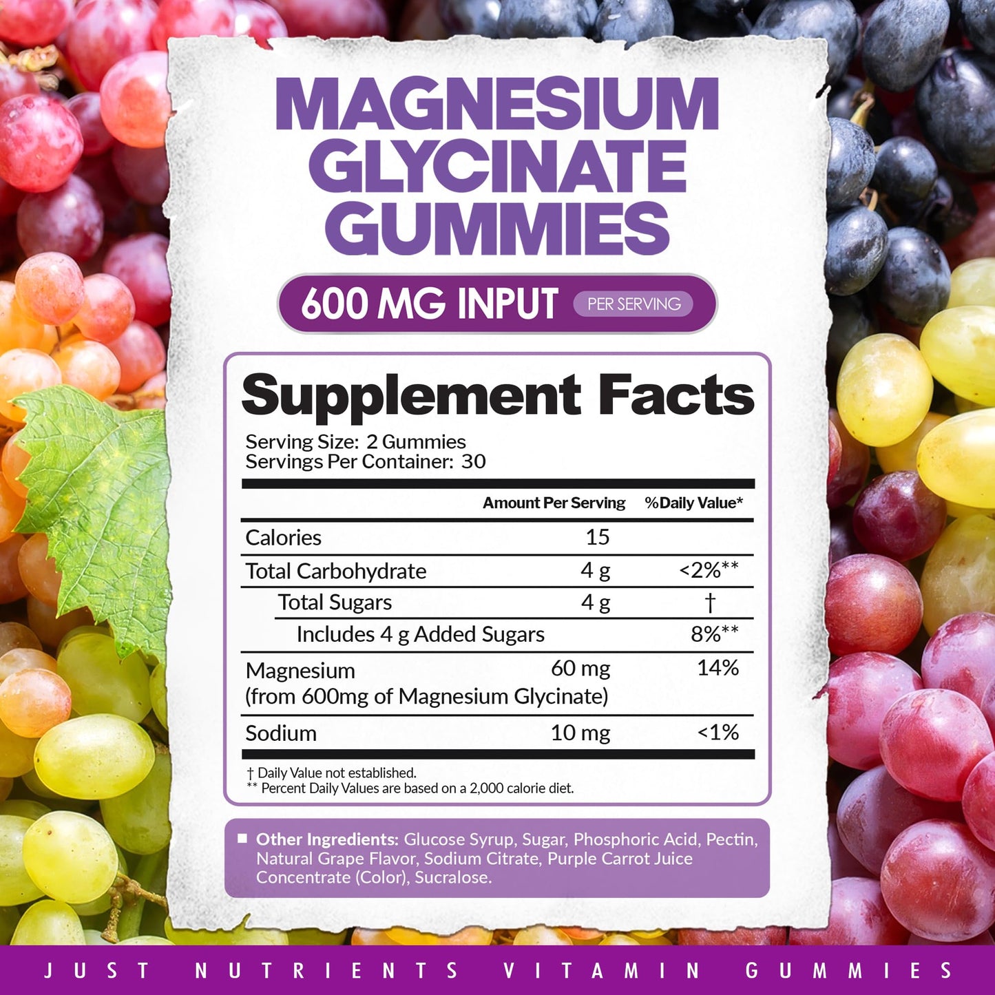 Just Nutrients Magnesium Glycinate 600mg Gummies, 60 Count