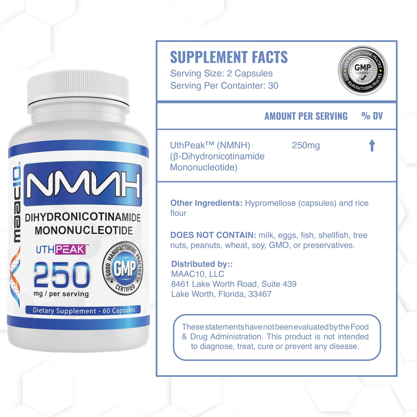 MAAC10 NMNH (NMN Supplement Alternative) 250mg Serving Capsule, 180 Count