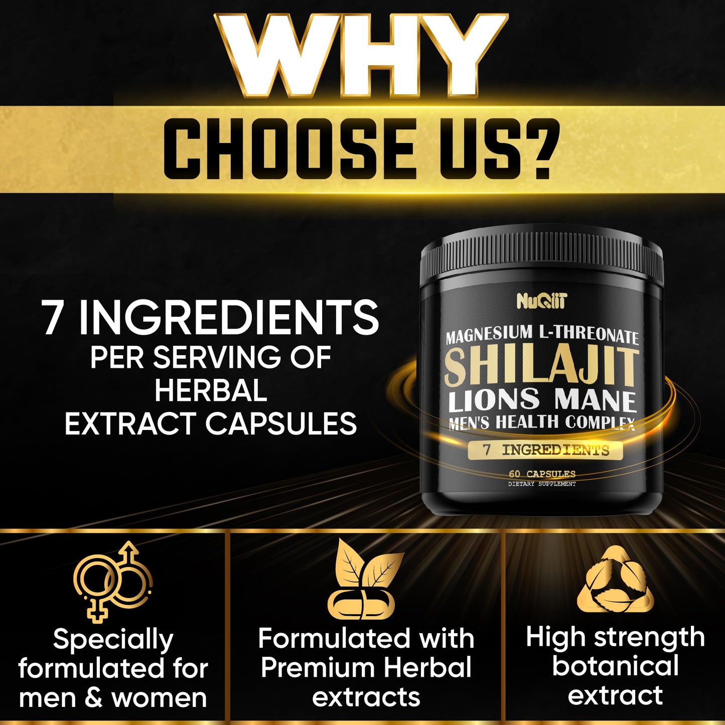 NUQIIT Shilajit Pure Himalayan Organic with Magnesium, Lions Mane, and Men Health Complex as Ashwagandha, Maca Root & More Capsules, 60 Count