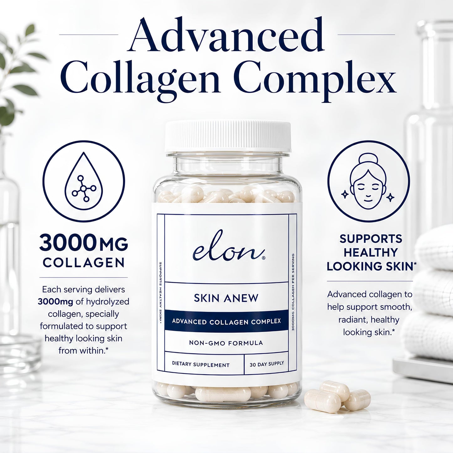 Elon Skin Anew with Hydrolyzed Collagen 3000 mg per Serving Hydrating & Anti Aging Supplement for Vibrant Skin Health 120 Capsules