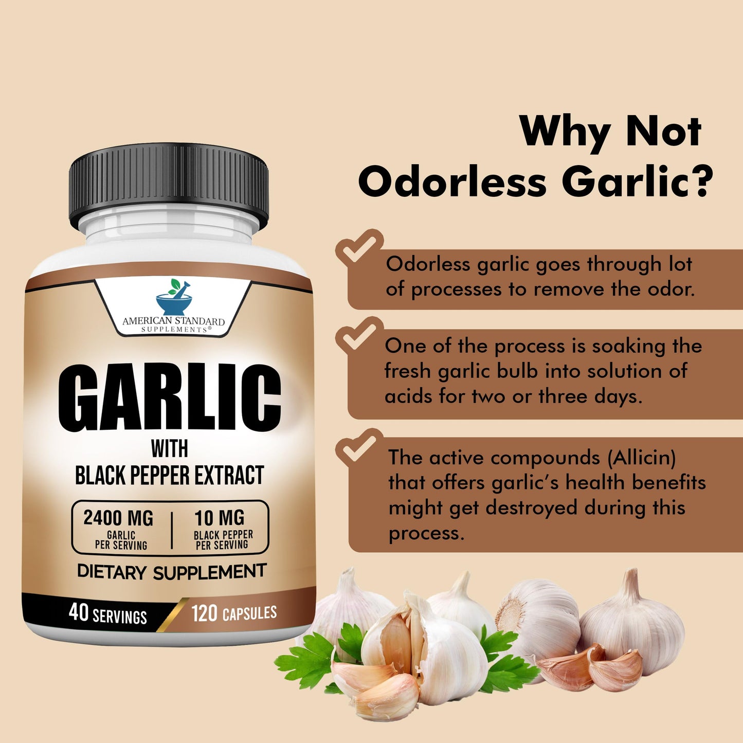 American Standard Supplements Garlic 2400mg Per Serving with Black Pepper Fruit Extract, 240 Capsules