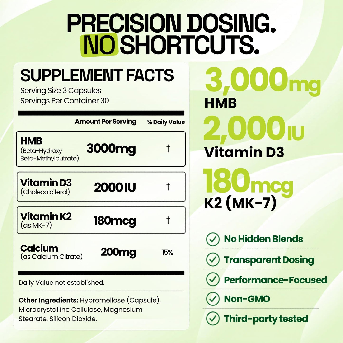 BOSCENT HMB 3000mg Supplement Vitamin D3 K2 + Calcium Capsules 180 Count
