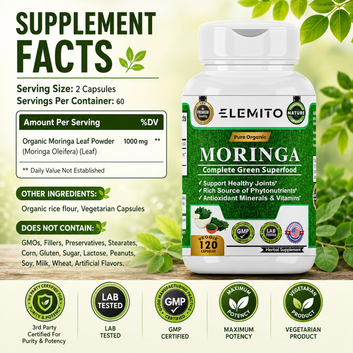 ELEMITO Moringa Oleifera 1000mg Capsules 120 Capsules