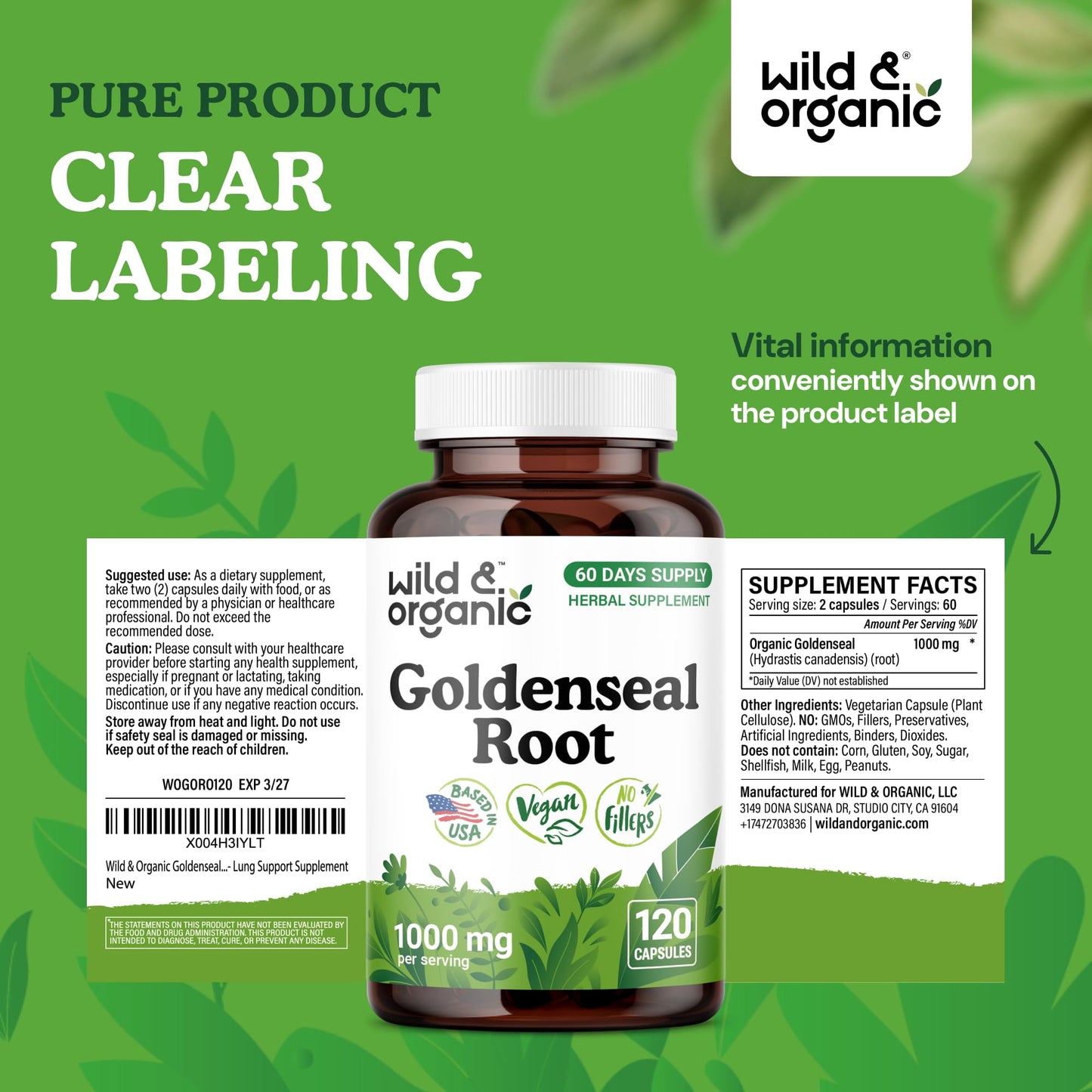Wild & Organic Goldenseal Root Capsules 1000mg, Capsules, 120 Count