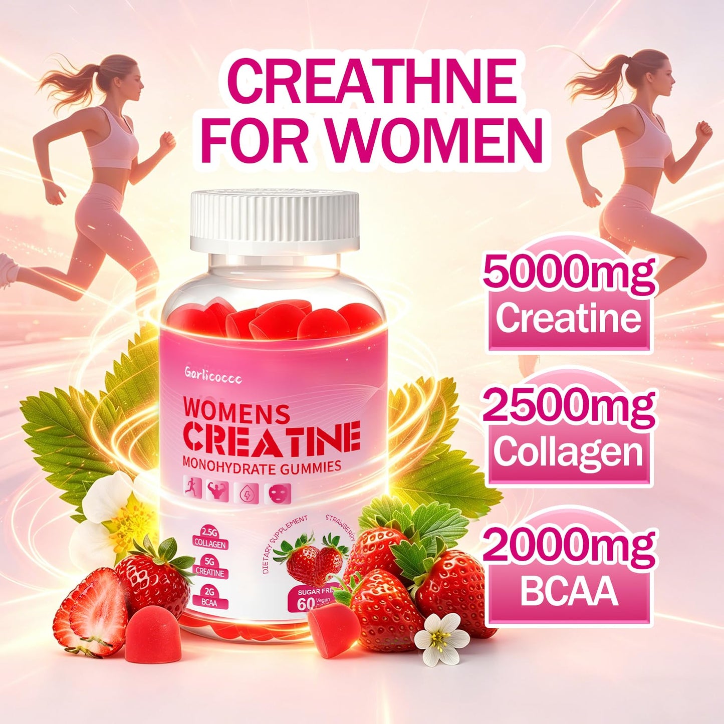 Garlicoccc Sugar Free Creatine for Women, Creatine Monohydrate Gummies with Collagen, Energy Creatine Supplement for Muscle Strength, Strawberry Flavor, 60 Gummies