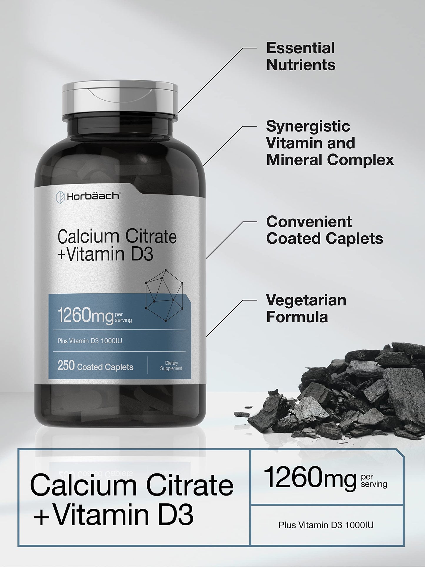 Horbäach Calcium Citrate with Vitamin D3 1260 mg Caplets 250 Count