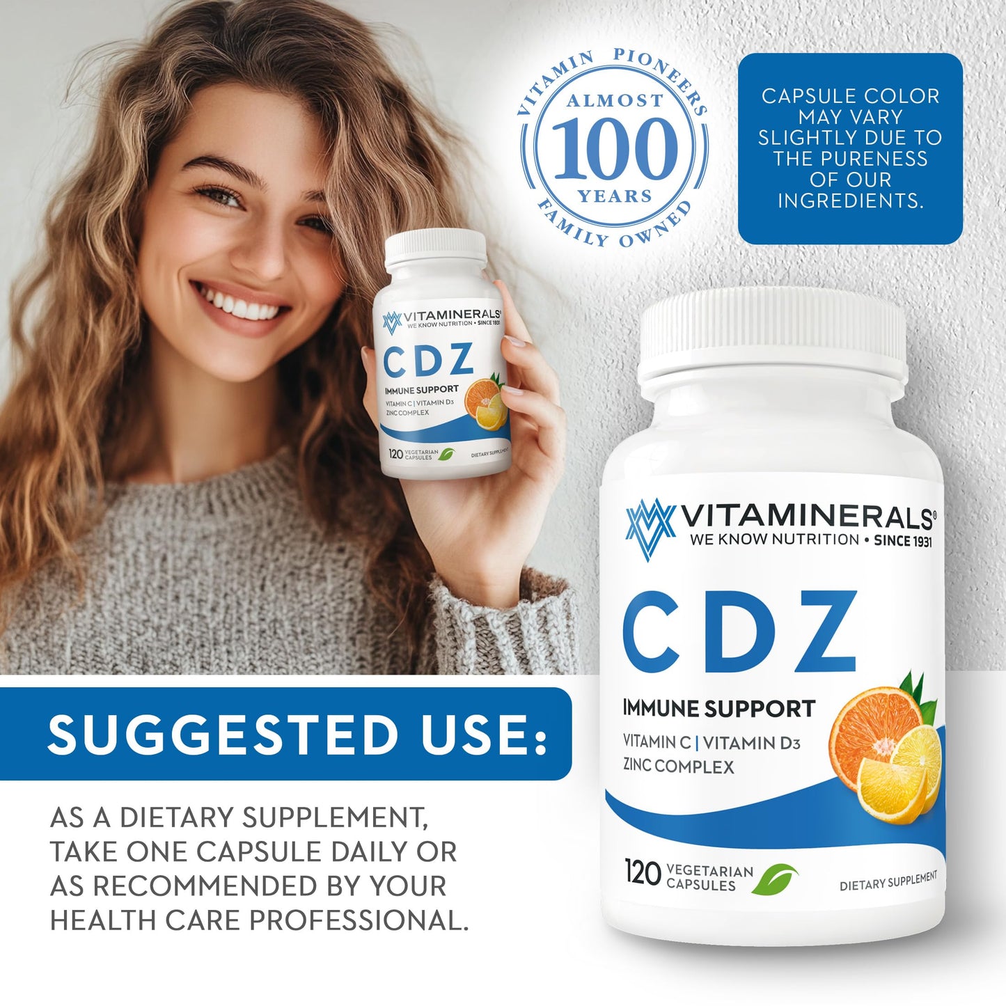 Vitaminerals CDZ Vitamin C 1000mg, Vitamin D3 125mcg, Zinc Complex 25mg Capsules, 120 Count