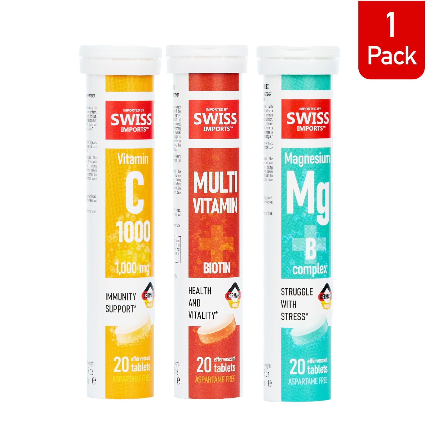 Swiss Imports Effervescent Variety Pack with Vitamin C 1000mg, Magnesium + B Complex, Multivitamin + Biotin 60 Tablets