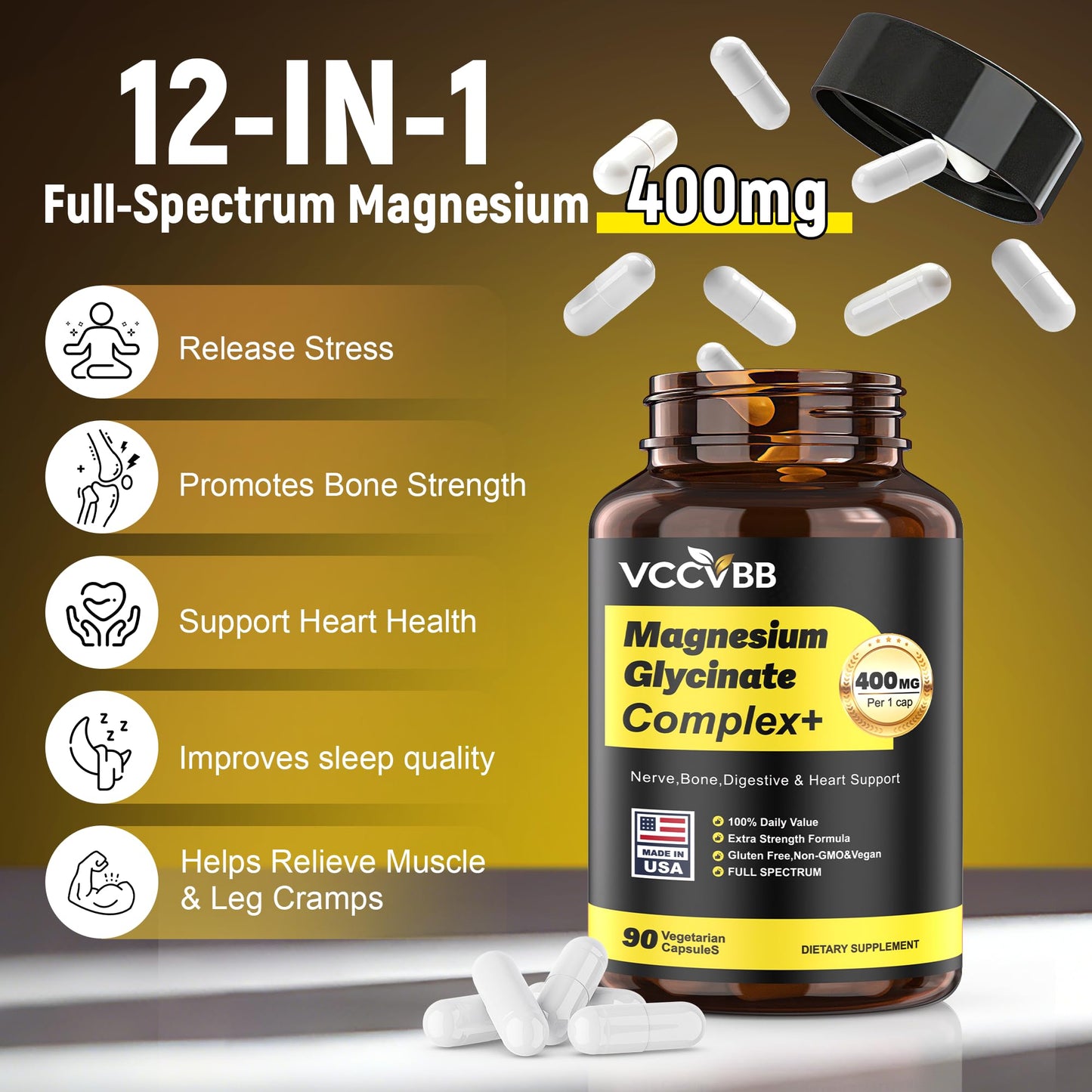 VCCVBB 400mg Magnesium Complex, 12-in-1 Magnesium Glycinate Capsules, 120 Count