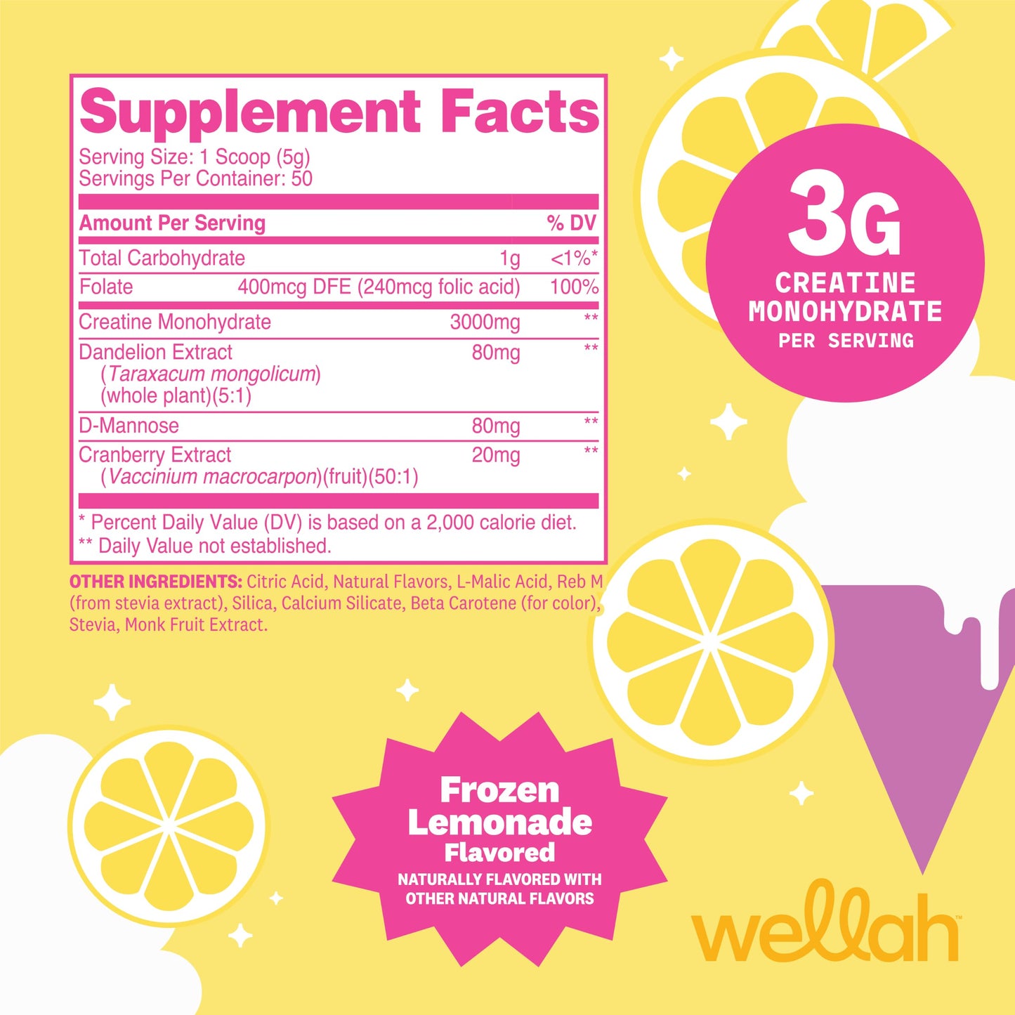 Wellah Creatine for Women - Creatine Monohydrate with Dandelion & Cranberry Extract, Powder, 50 Servings, 9.8