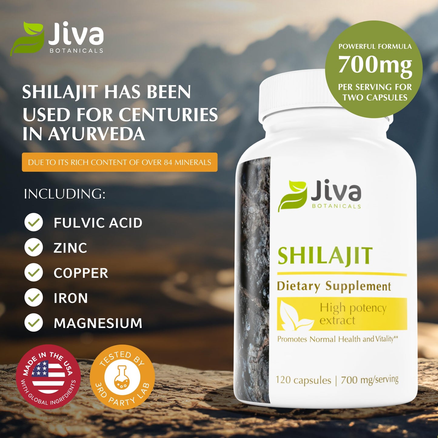 Jiva Botanicals Shilajit Supplement 700 mg Capsule, 120 Count