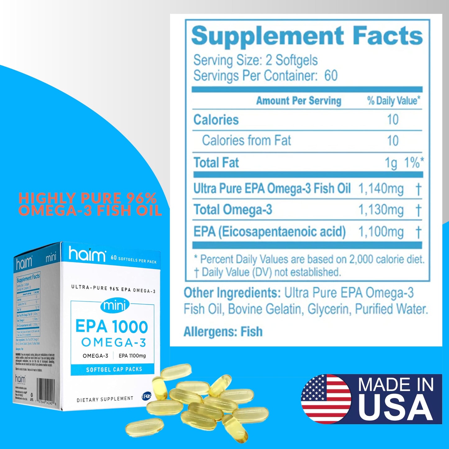 HAIM EPA1000 MINI Pure EPA Fish Oil Supplement 60 Softgels