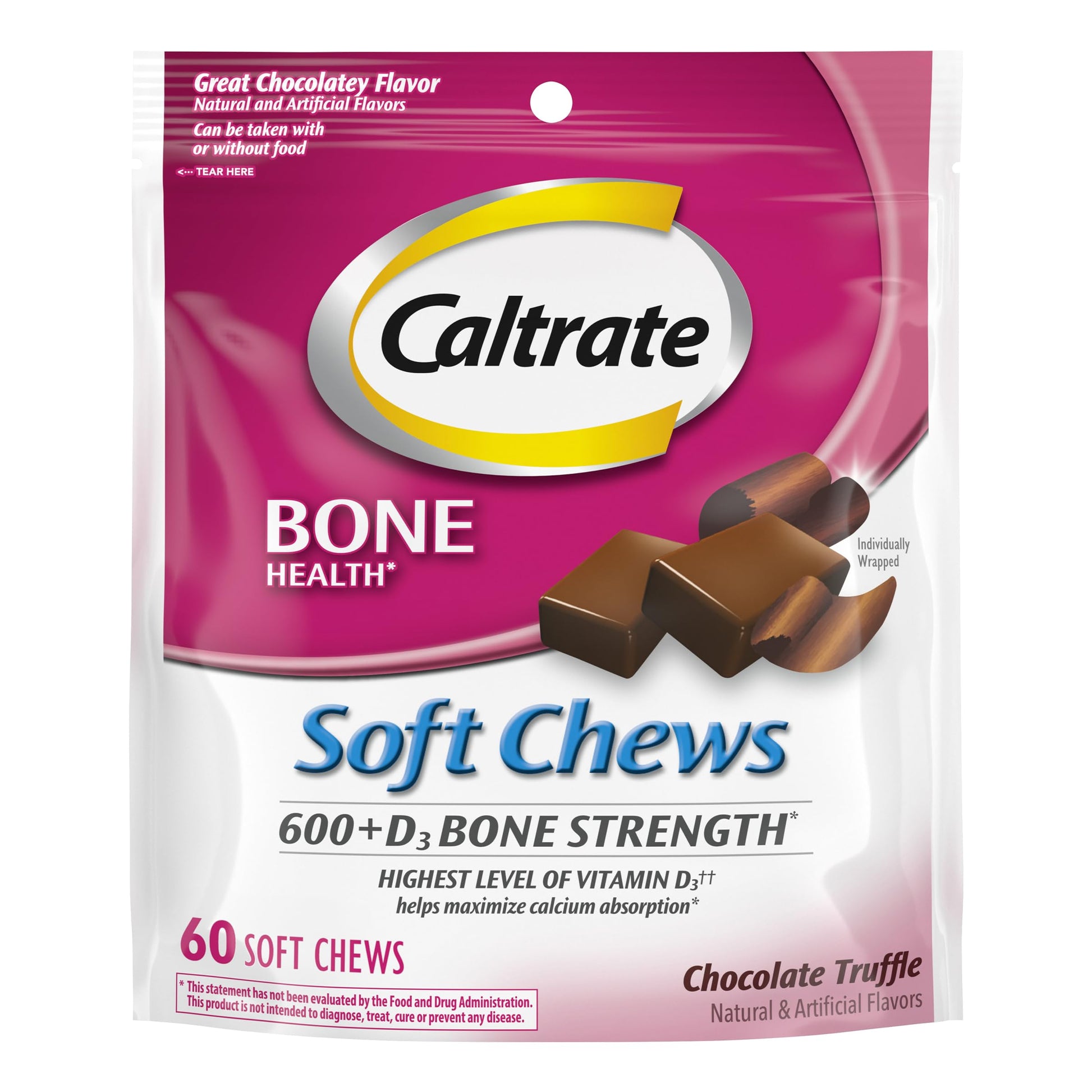 Caltrate Soft Chews 600 Plus D3 Calcium Vitamin D Supplement, Chocolate Truffle, 60 Count