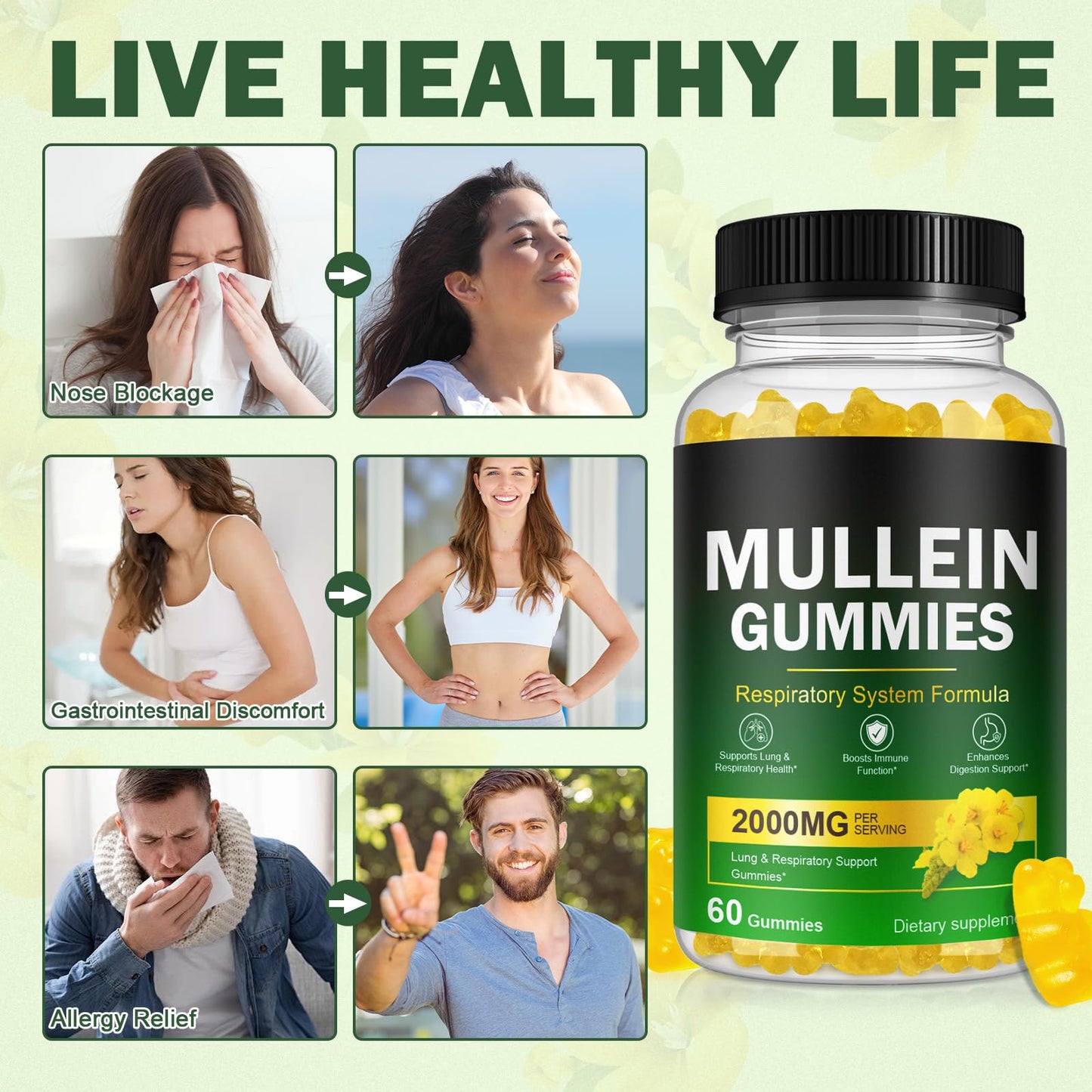 Ruduwu Mullein Gummies for Lung Detox, 2000mg Mullein Leaf Extract for Respiratory & Digestive & Immune Support with Quercetin, Bromelain, Elderberry & Marshmallow, Vegan, 60 Gummies