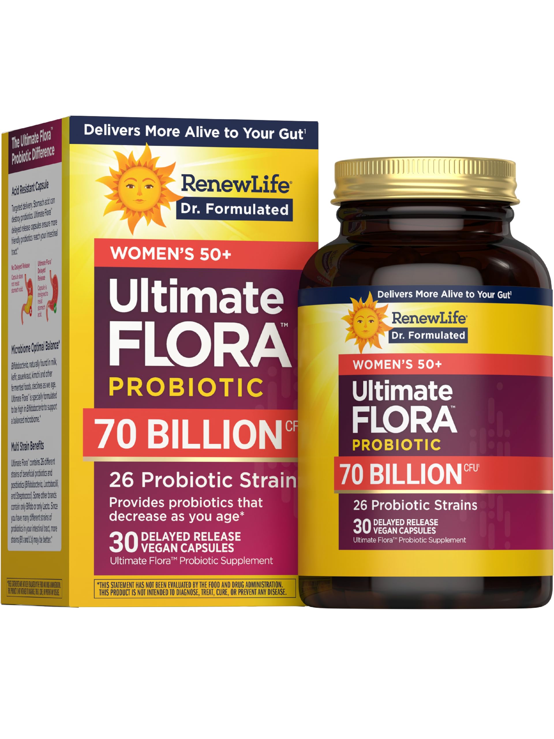 Renew Life Ultimate Flora Probiotics for Women 50+ 70 Billion CFU Delayed Release Vegan Capsules, 30 Count