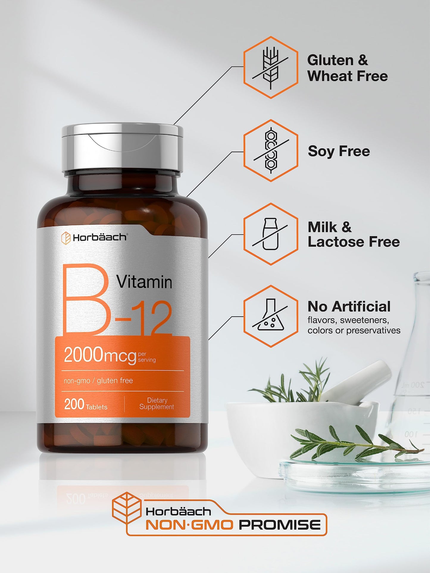 Horbäach B12 Vitamin 2000 mcg Tablets, 200 Count