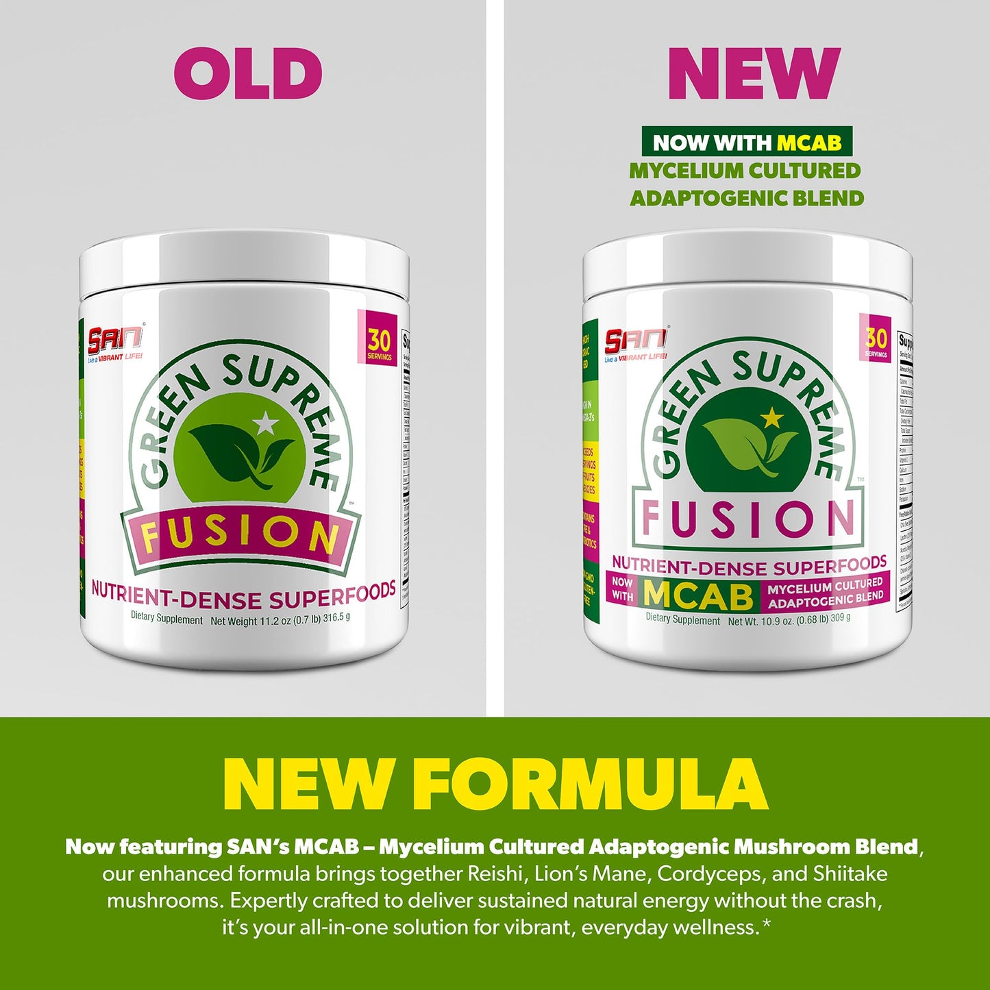 SAN Green Supreme Fusion Blend Antioxidant Super Greens Smoothie Mix with Spirulina, Chlorella, Adaptogenic Mushrooms Powder 11.2 oz