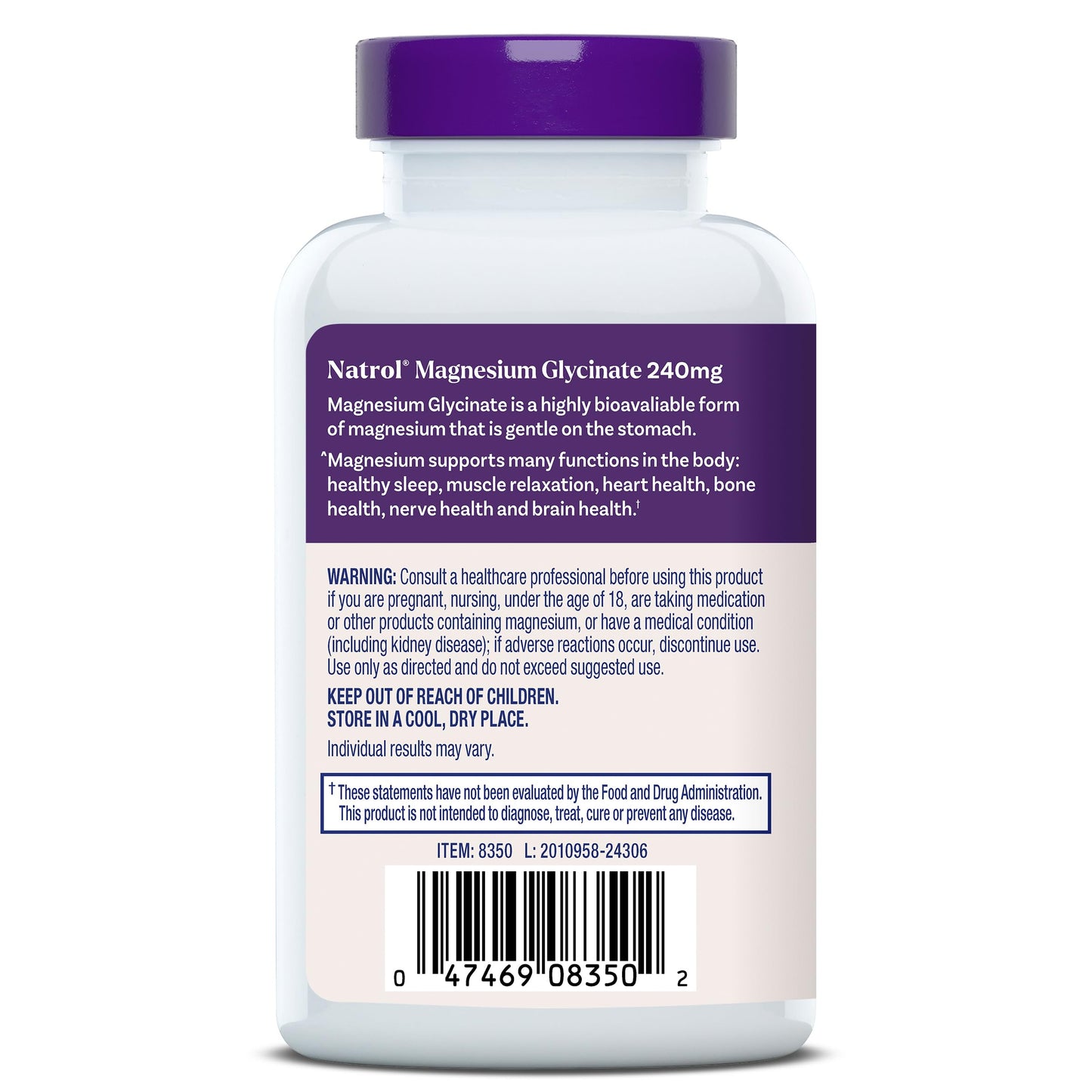 Natrol High Absorption Magnesium Glycinate 240 mg Capsules, 60 Count