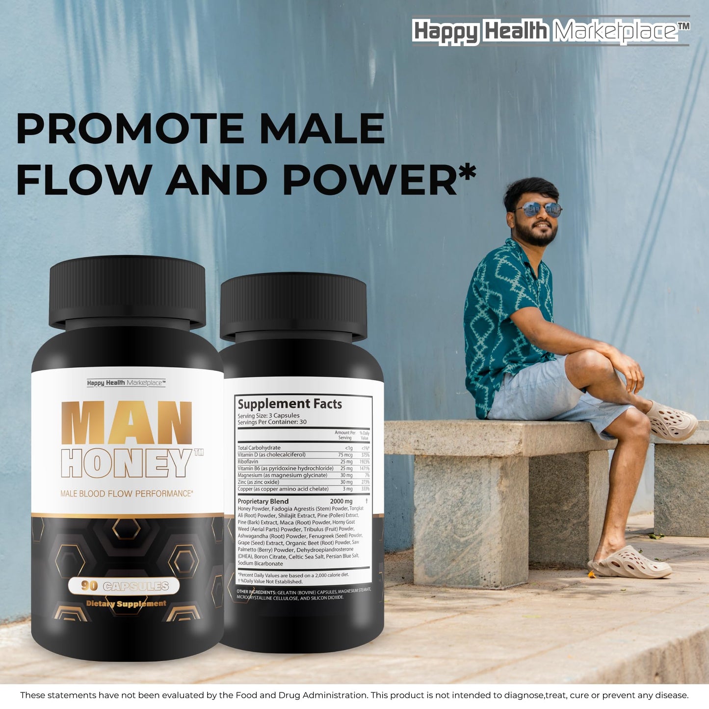 Happy Health Marketplace Man Honey Blood Flow Performance Capsules Beet Root & Saw Palmetto Prostate Support, 90 Count