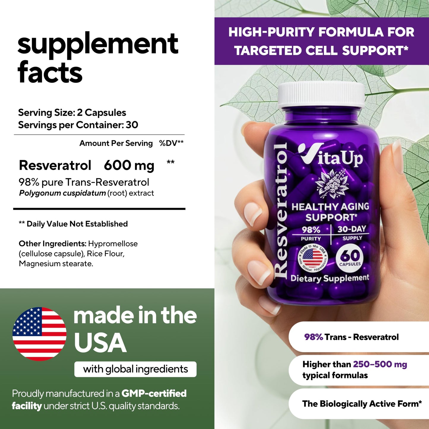 VitaUp Trans-Resveratrol Capsule 600mg, 60 Capsules