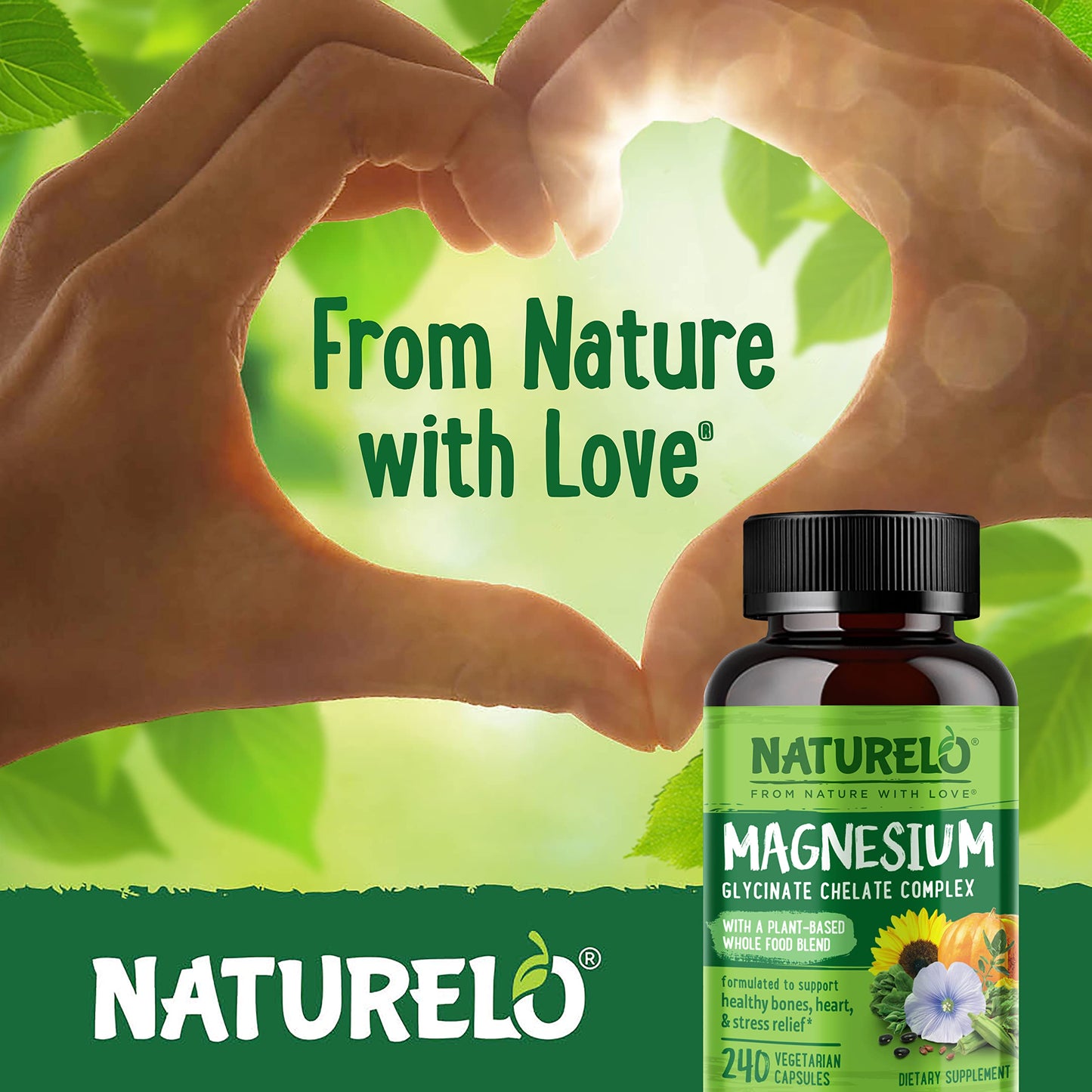 NATURELO Magnesium Glycinate Chelate Complex 200 mg Magnesium Capsules, 240 Count
